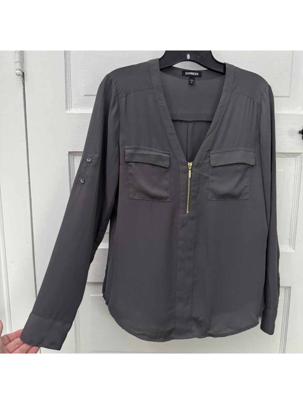 Express Women’s Small Gray Portofino Zip Blouse Roll Tab Sleeve Utility